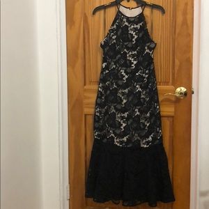 Black lace flared midi dress
